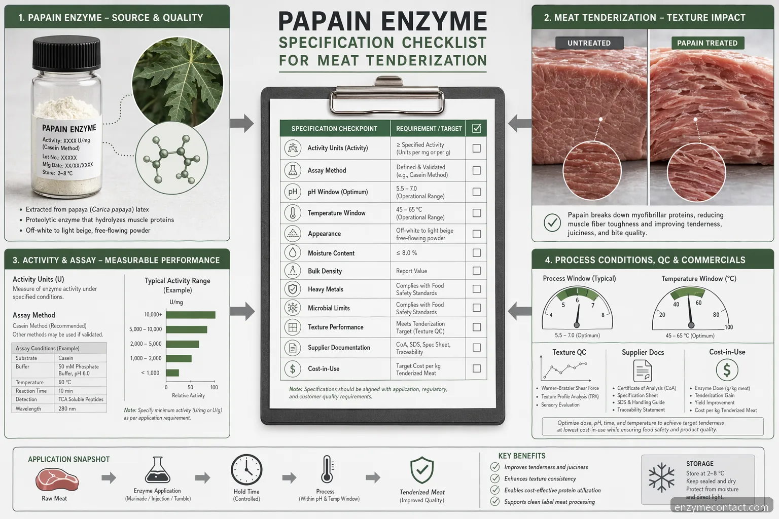 papain enzym specification checklist for meat tenderization, showing assay, process, QC and cost-in-use factors